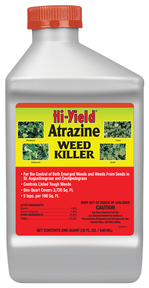Hi-Yield Atrazine Weed Killer 32 oz concentrate, silver bottle with an orange cap and a red and yellow label